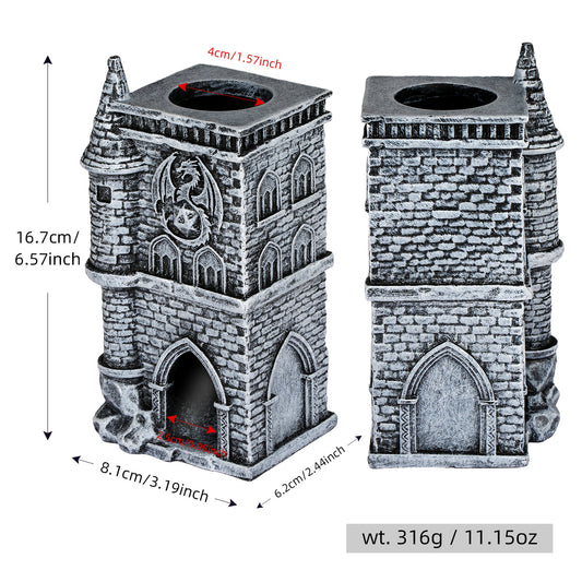 D20 Castle Resin Dice Tower Gift Box Set , Exquisite Medieval , Inspired Design, Ideal For Tabletop RPG Enthusiasts. Perfect For Adding A Touch Of Fantasy To D&D And Other Role - Playing Games.