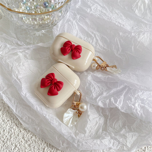 Beige Red Bow Shell Pendant Wireless Earphone Case