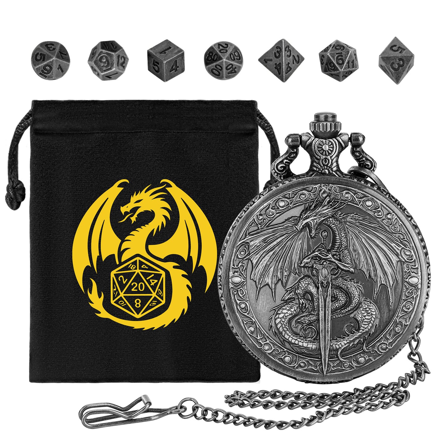 DND Style Mythical Winged Beast Sword Holding Relief Case, Retro Dice Storage Set, Desktop RPG Fantasy Accessories, High Quality Zinc Alloy DND Dice Suitable For Desktop RPG And Board Games