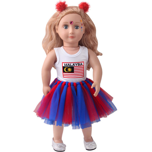 18-inch American Girl Doll Clothes Printed Short Sleeve Handmade Veil Skirt Hair Ball Hair Hoop