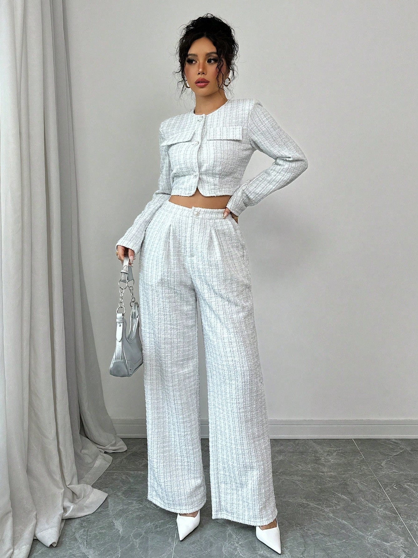 Spring And Autumn Long-sleeve Short-pants Suit, Tweed Short Jacket With Pearl Buttons, Elegant Round Neck Pearl Button Textured Jacket And Long Pants, Suitable For Commuting, Leisure, Dating, And Vaca