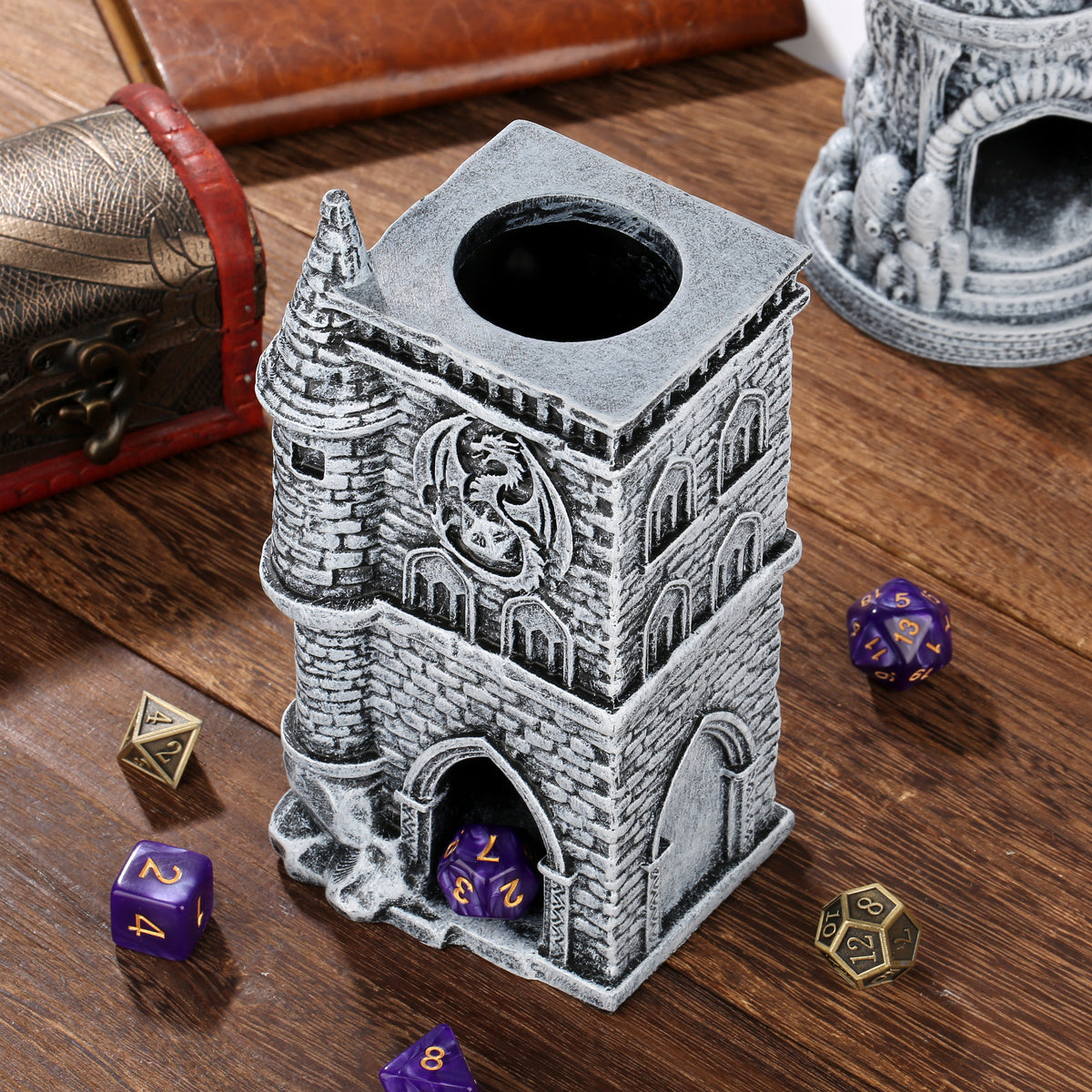 D20 Castle Resin Dice Tower Gift Box Set , Exquisite Medieval , Inspired Design, Ideal For Tabletop RPG Enthusiasts. Perfect For Adding A Touch Of Fantasy To D&D And Other Role - Playing Games.