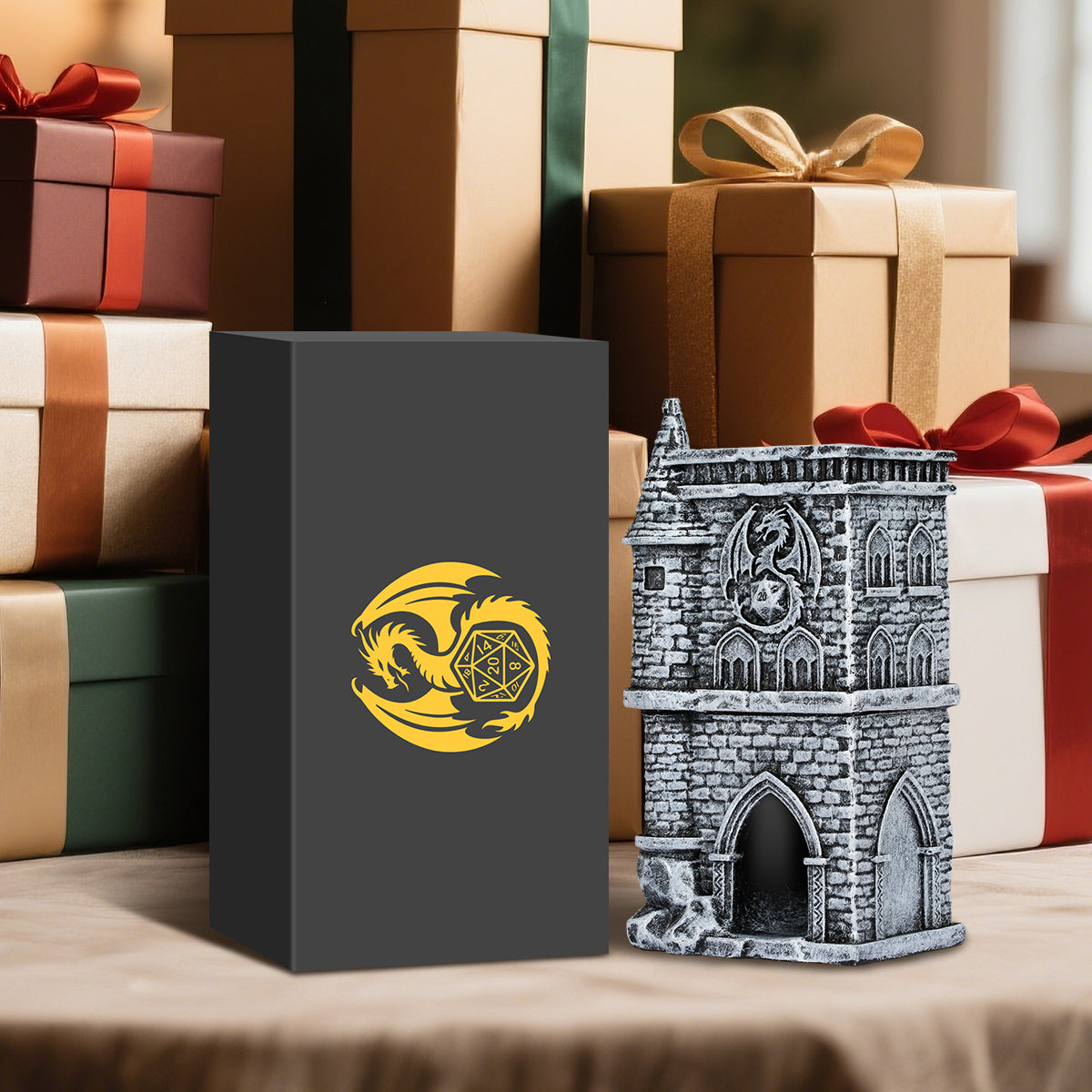D20 Castle Resin Dice Tower Gift Box Set , Exquisite Medieval , Inspired Design, Ideal For Tabletop RPG Enthusiasts. Perfect For Adding A Touch Of Fantasy To D&D And Other Role - Playing Games.