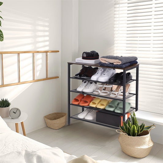 4-tier Shoe Rack With Grid Rack Wooden Rustic Foyer Shoe Rack With Coat Hook, Suitable For The Steel Frame Of The Living Room Mud Room At The Front Door Of The Corridor