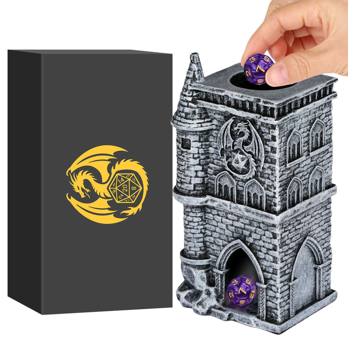 D20 Castle Resin Dice Tower Gift Box Set , Exquisite Medieval , Inspired Design, Ideal For Tabletop RPG Enthusiasts. Perfect For Adding A Touch Of Fantasy To D&D And Other Role - Playing Games.