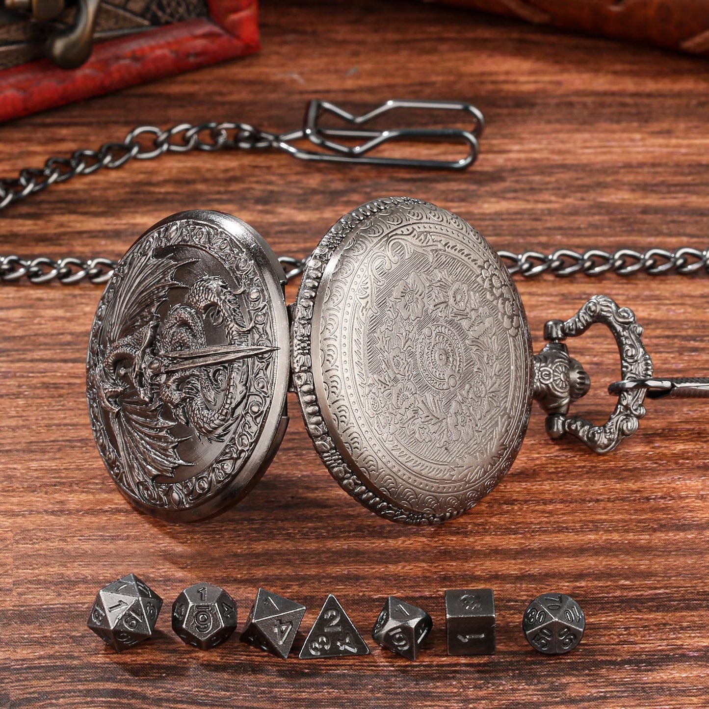 DND Style Mythical Winged Beast Sword Holding Relief Case, Retro Dice Storage Set, Desktop RPG Fantasy Accessories, High Quality Zinc Alloy DND Dice Suitable For Desktop RPG And Board Games