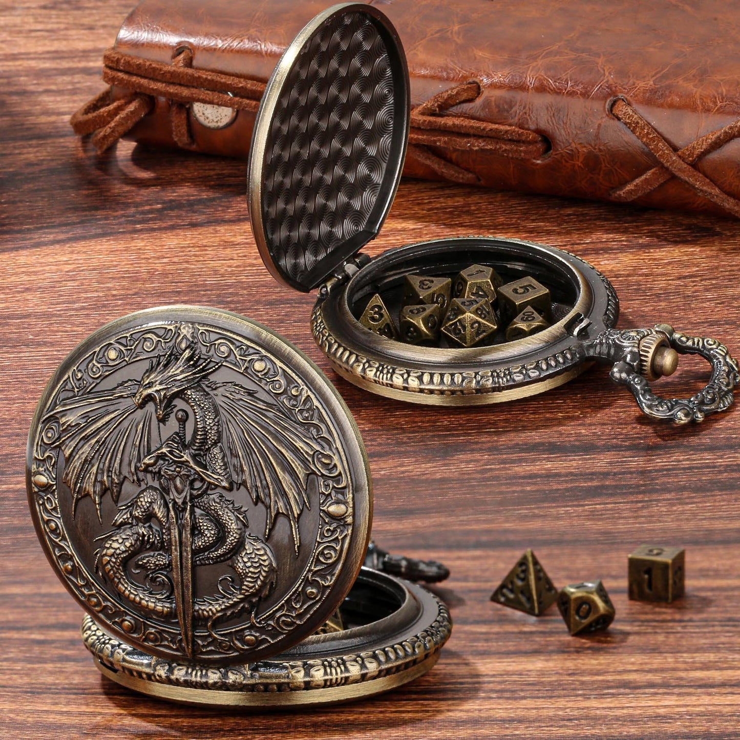 DND Style Mythical Winged Beast Sword Holding Relief Case, Retro Dice Storage Set, Desktop RPG Fantasy Accessories, High Quality Zinc Alloy DND Dice Suitable For Desktop RPG And Board Games