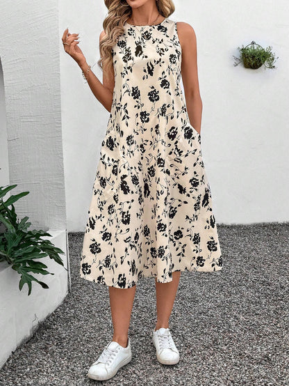 Round Neck Sleeveless Flared Hem Retro Floral Print Casual Elegant Midi Dress